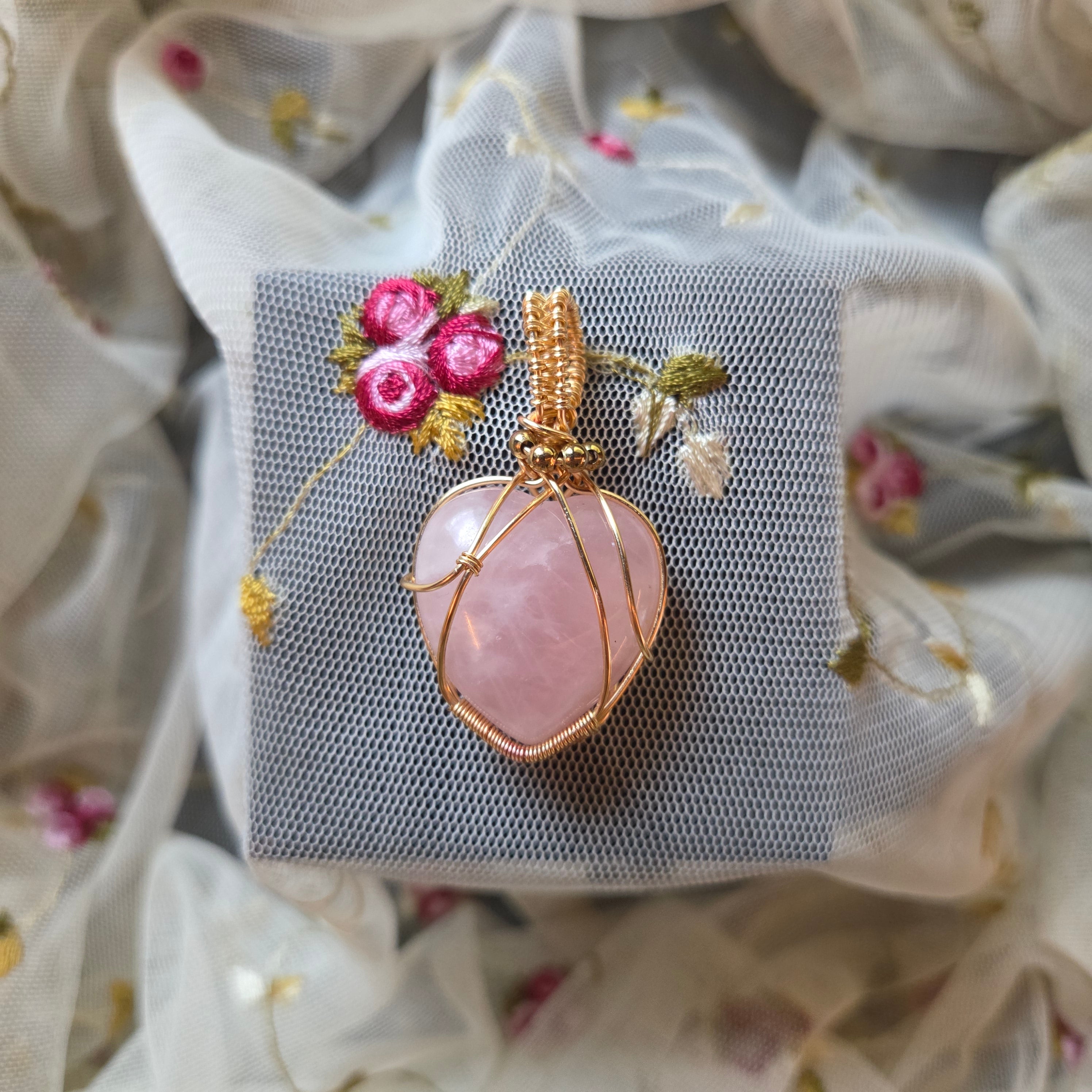 Rose Quartz Heart Wrap (Gold Wire)