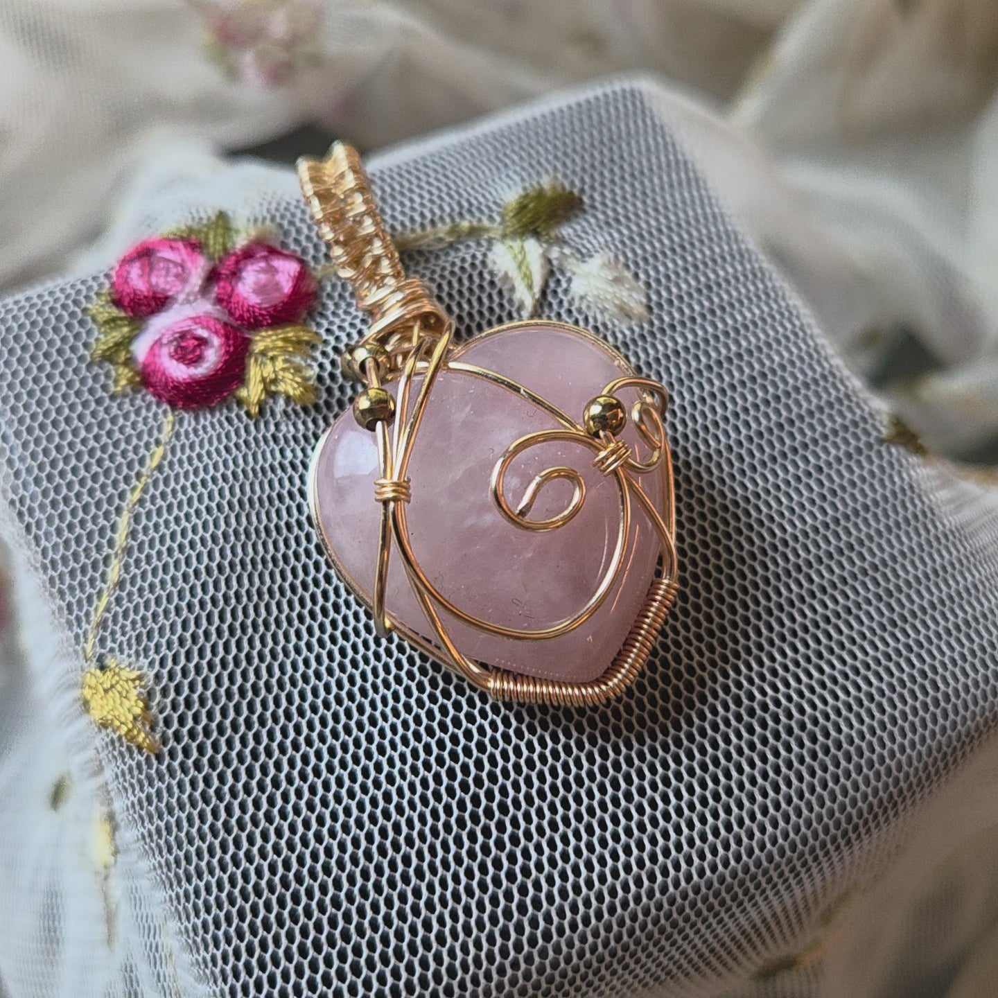 Rose Quartz Heart Wrap (Gold Wire)